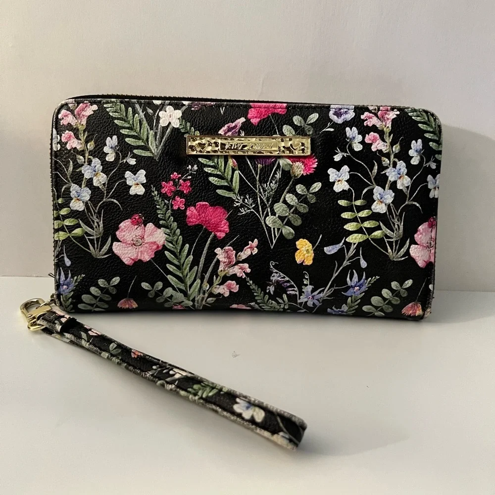Betsey Johnson Watercolor Black Floral Large Clutch Zip-Around Wallet